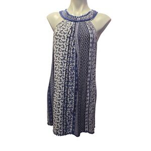 Attard State Blue White Boho Patchwork Halter‎ Dress Pom Pom Trim Size M